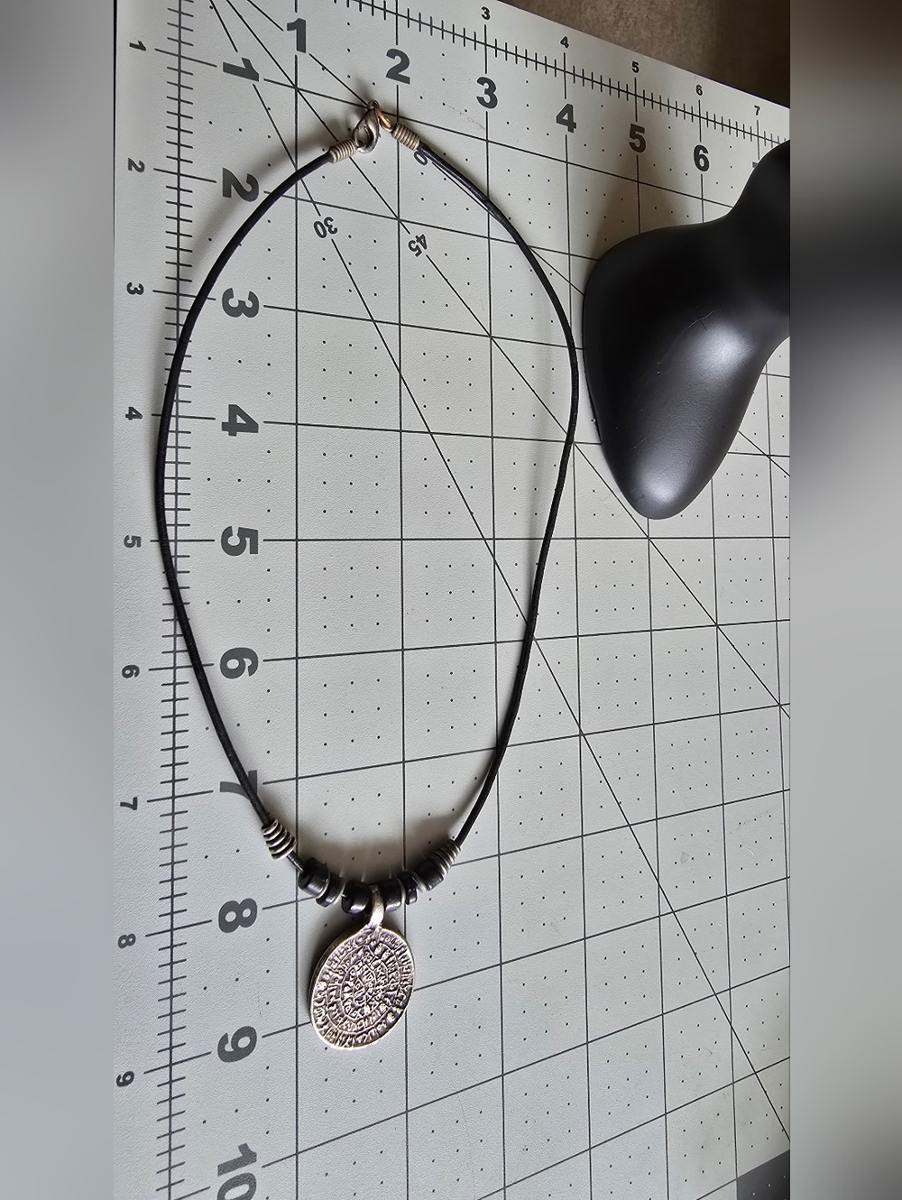 Leather Cord Necklace with Silver Tone Coin Pendant - Black #0912